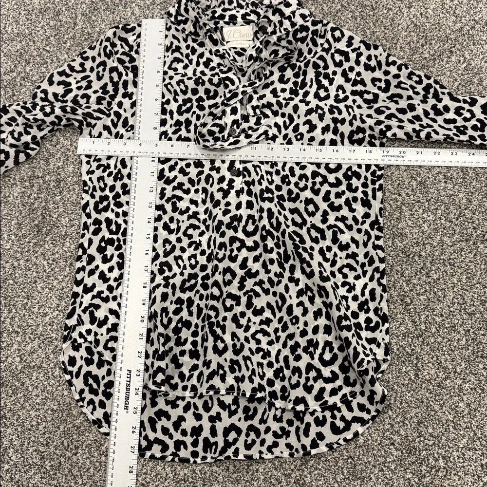 J. Crew Black and White Silk Animal Print Button Down Tie Neck Preppy Top